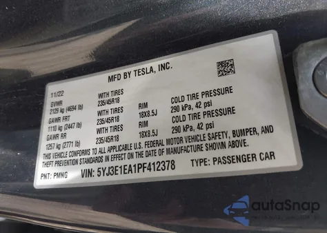 2023 Tesla Model 3 Rear-Wheel Drive z USA, uszkodzony, nr VIN 5YJ3E1EA1PF412378